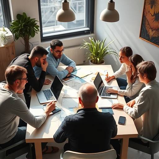 Des participants √† un atelier de sc√©nario travaillent en groupe autour d'une table, avec des notes et des ordinateurs.