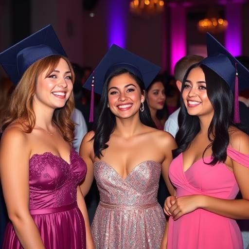 Des √©tudiants c√©l√®brent leur remise de dipl√¥mes lors d'une soir√©e de gala, avec des robes de soir√©e et des sourires.