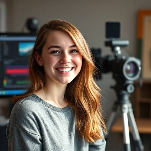 Portrait de Chloé Leroux, étudiante en montage, souriant devant un écran de montage.