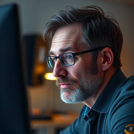 Portrait de Luc Duval, spécialiste des effets spéciaux et professeur, regardant un écran d'ordinateur